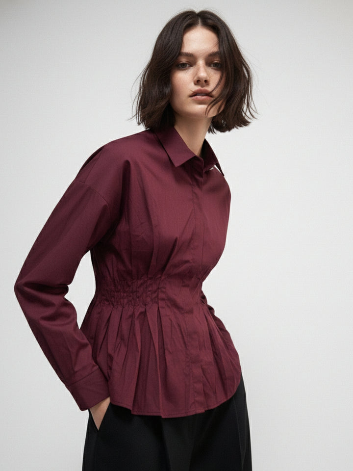Burgundy Front Pleated Waist Fitted Shirt