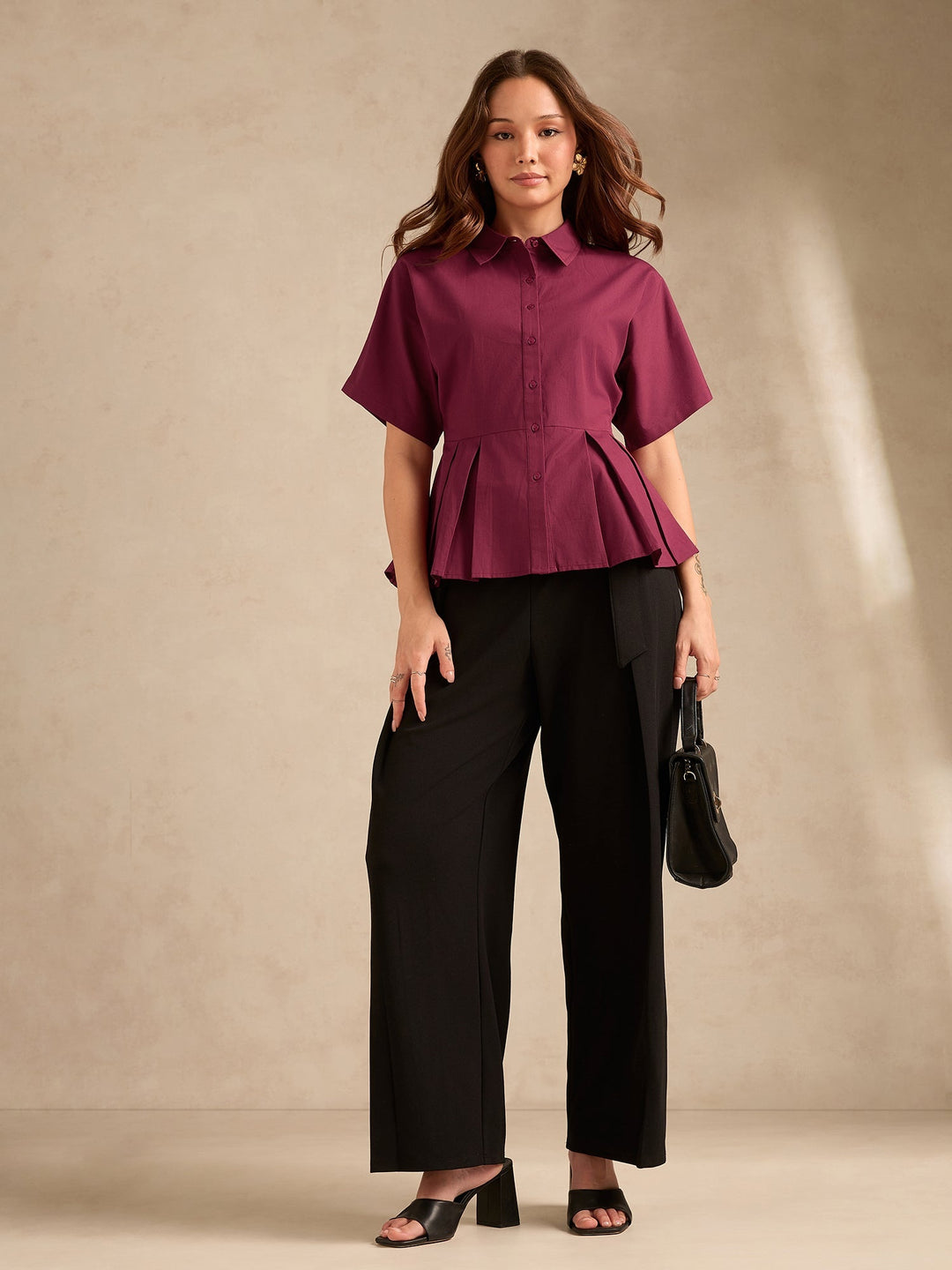 Wine Cinched Waist Utility Blouse