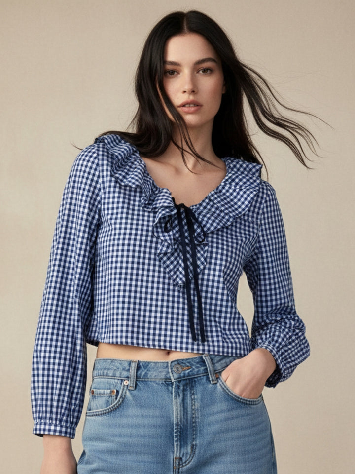 Blue Ruffle Neckline Checkered Top