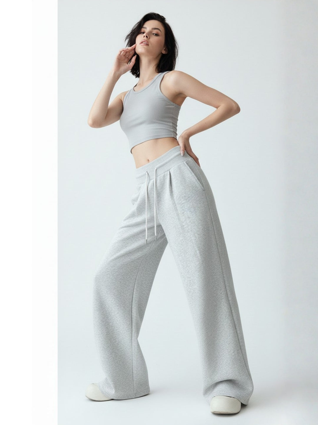 Grey High Waist Barrel Style Double Pleated Sweatpant