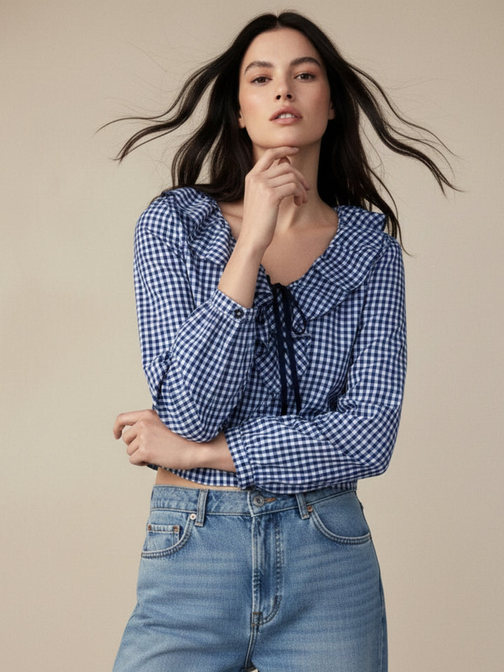 Blue Ruffle Neckline Checkered Top