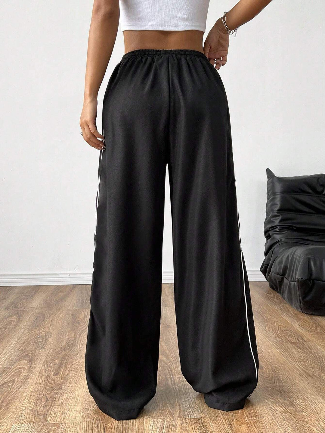 Black Striped Drawstring Wide Leg Joggers