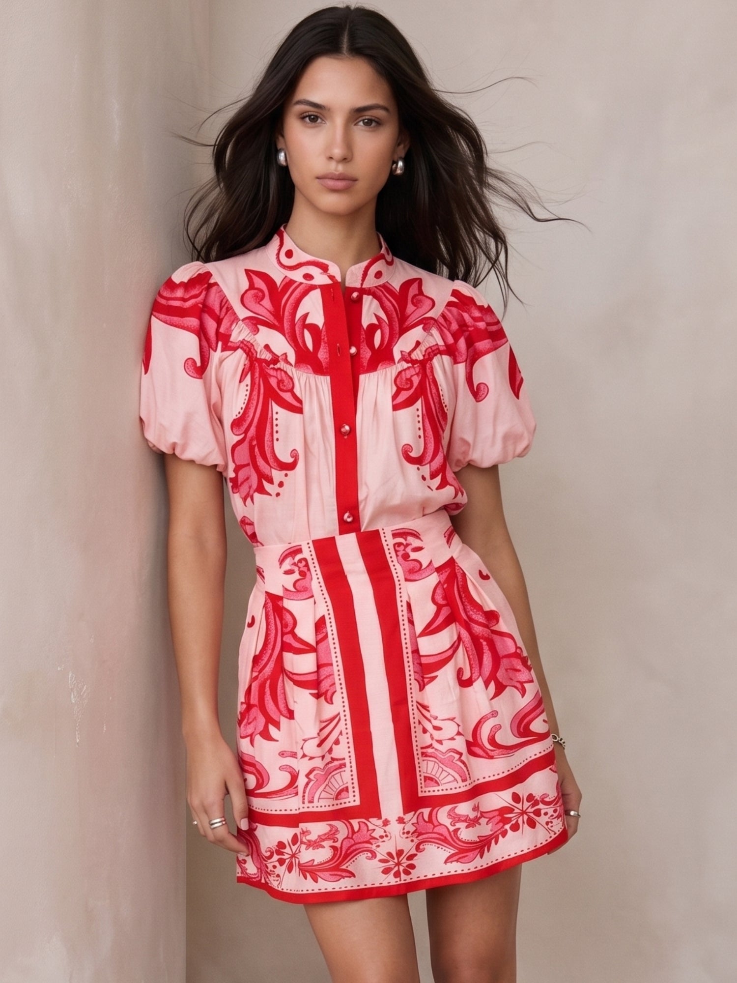 Pink Puff Sleeve Shirt And Skirt Set