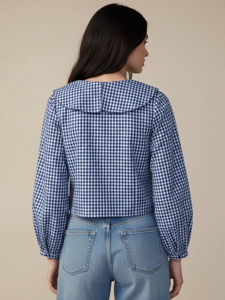 Blue Ruffle Neckline Checkered Top