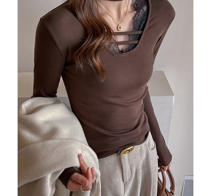 Brown Full Sleeve Neck Detail Fitted Top