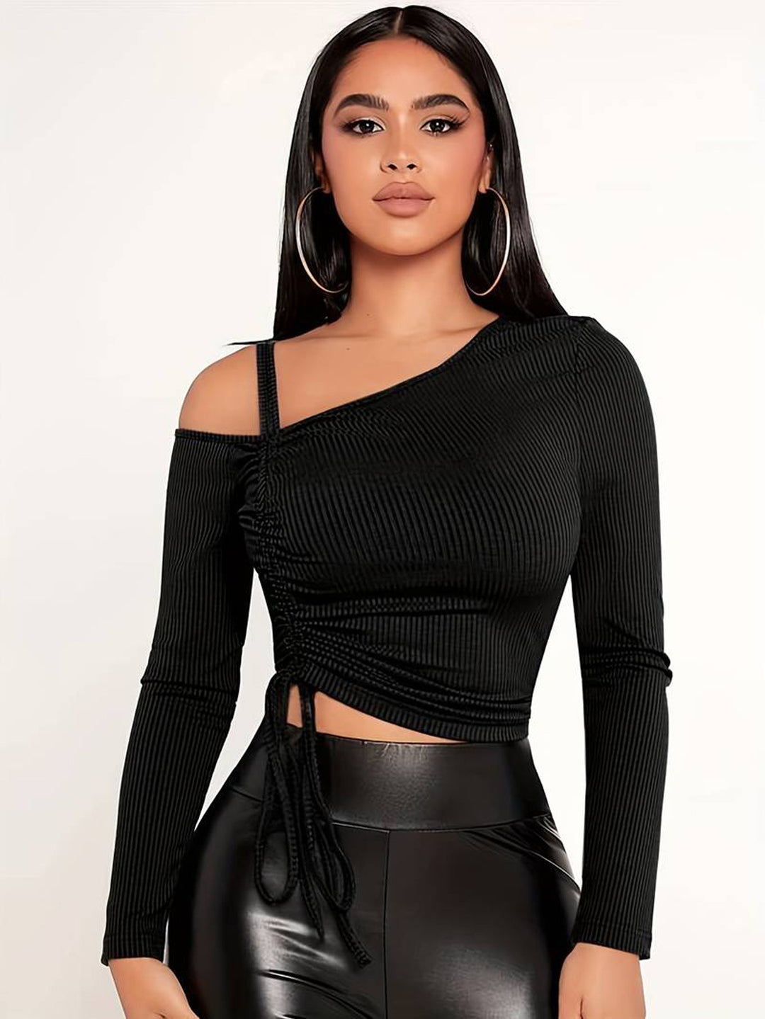 Black One Shoulder Ruched Top