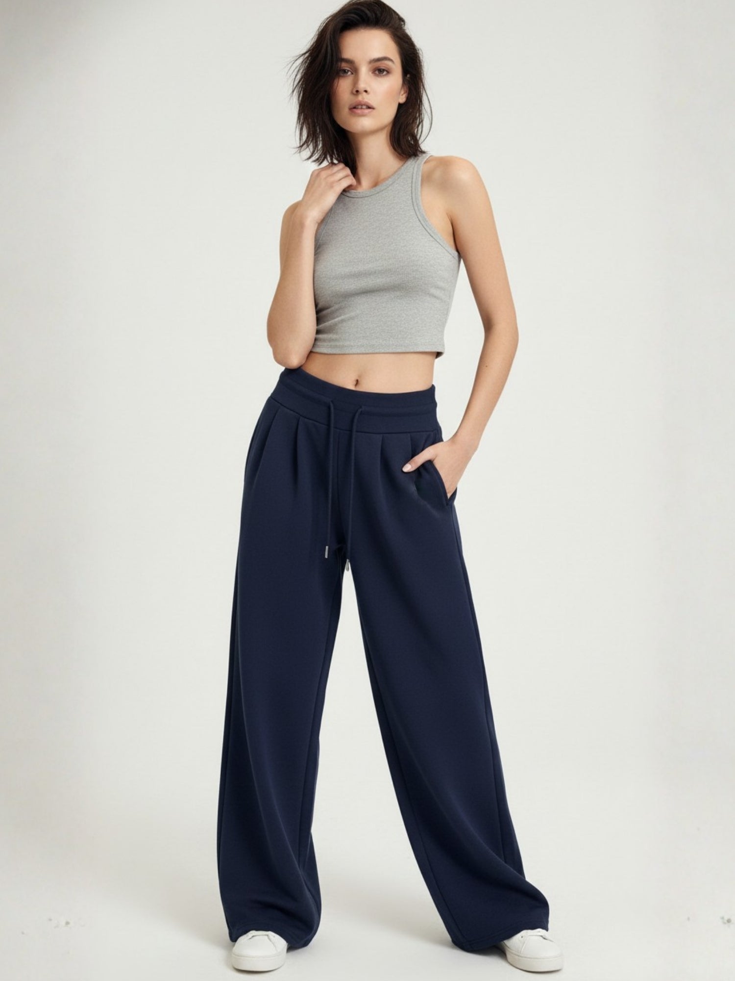 Navy Blue High Waist Barrel Style Double Pleated Sweatpant