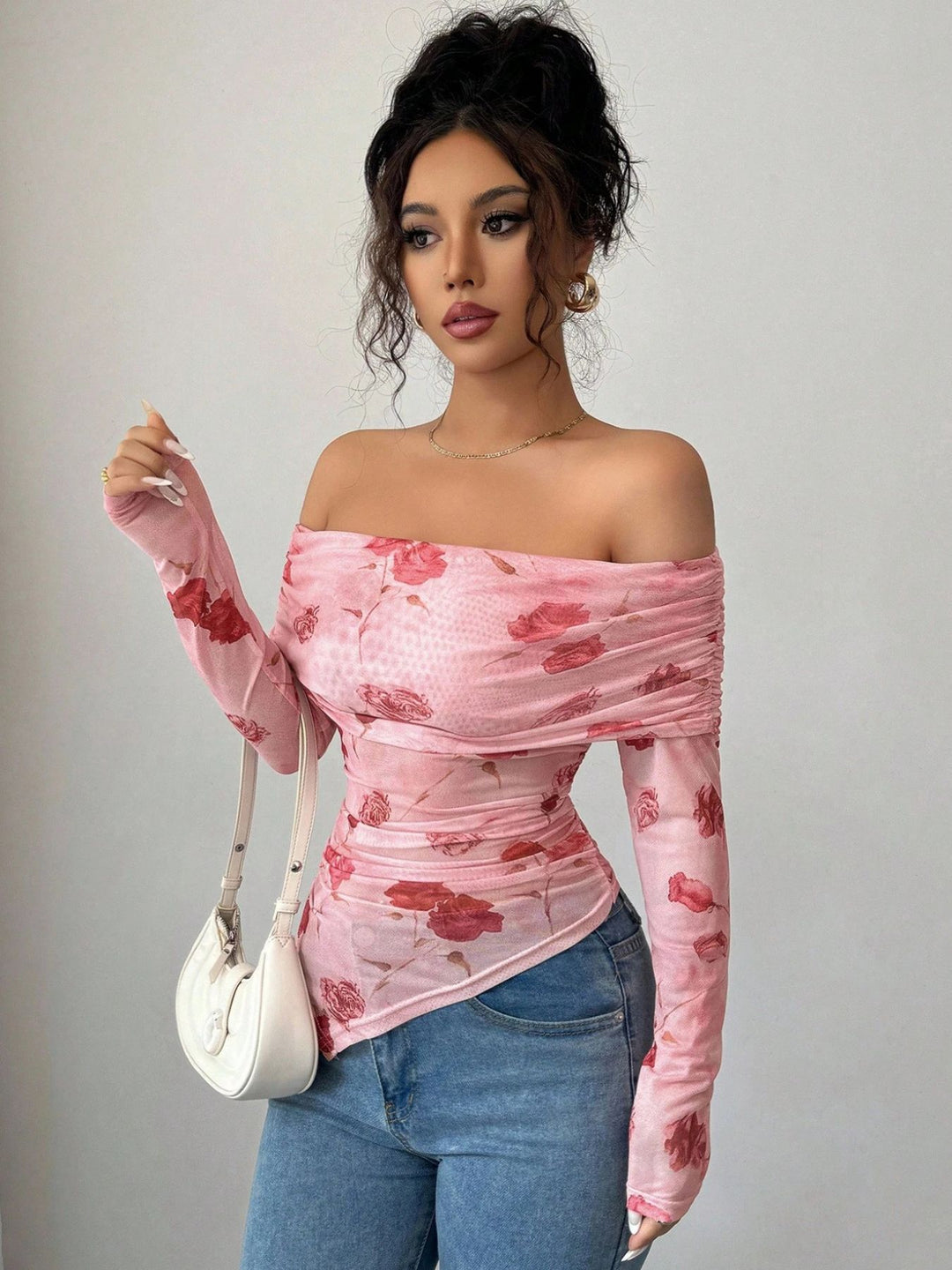 Pink Full Sleeve Asymmetrical Hem Printed Top