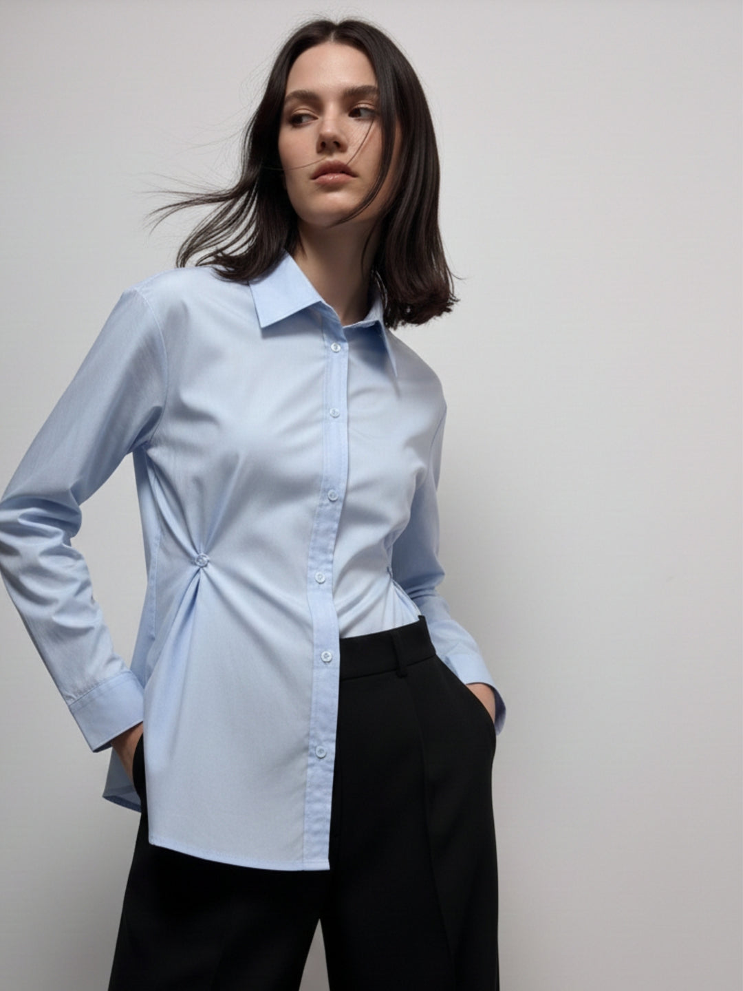 Light-Blue Waist Fitted Collared Shirt