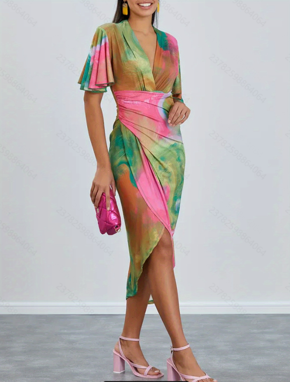 Multi Printed Flare Sleeve V-Neck Dress