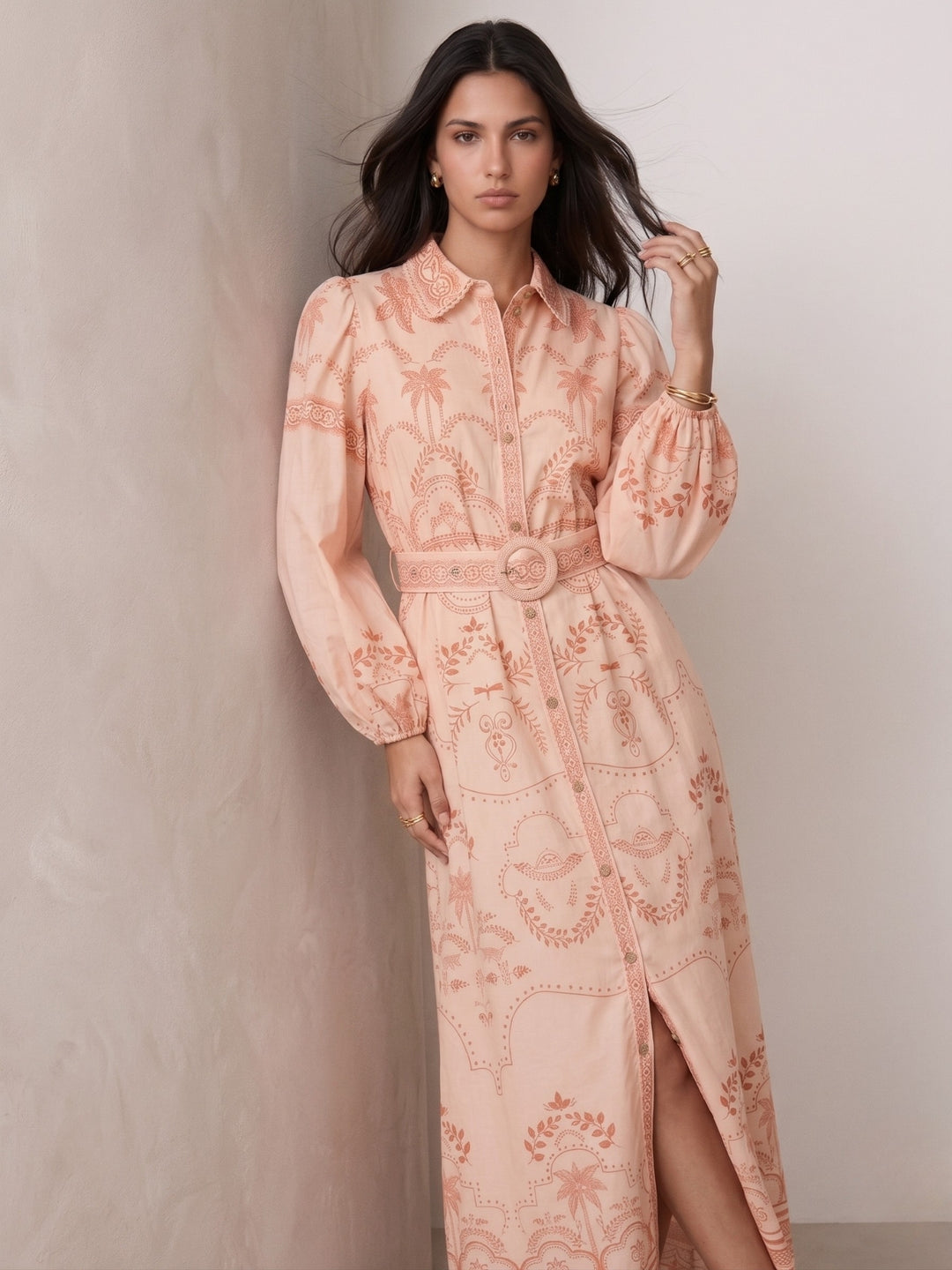 Peach Bishop Sleeve Printed Dress