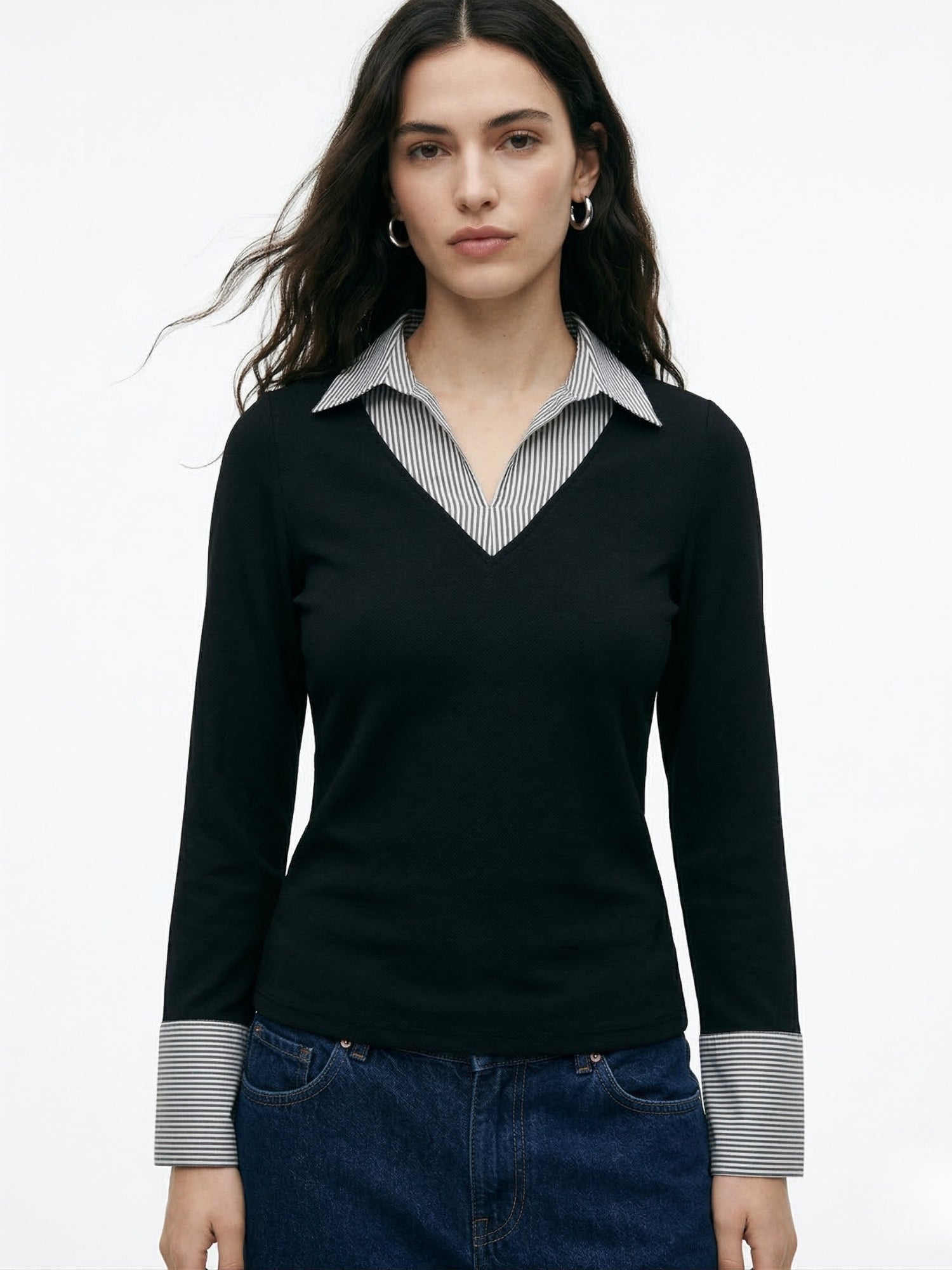 Black Full Sleeve Contrast Collar Fitted Top
