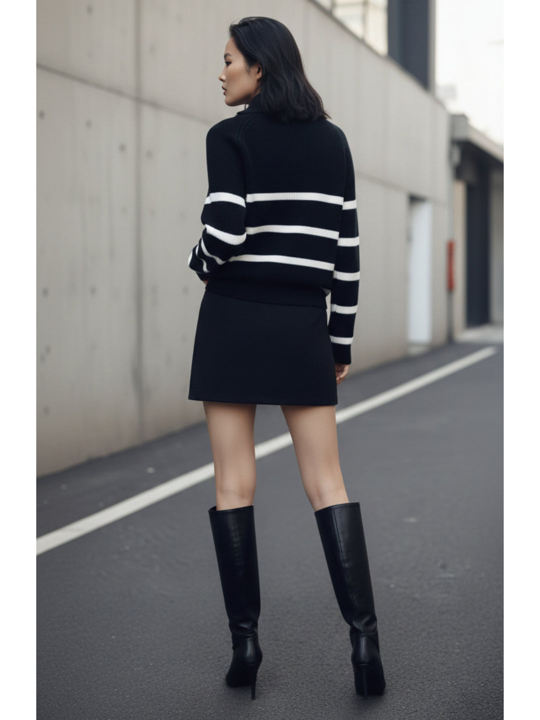 Black Full Sleeve Striped Half Zip Sweater