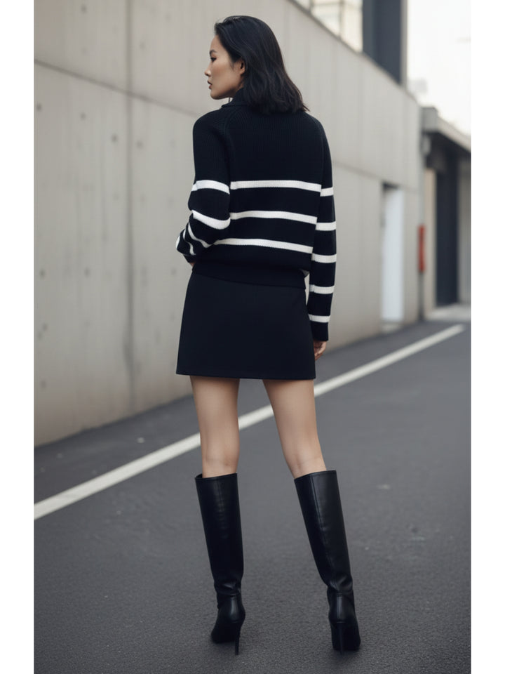 Black Full Sleeve Striped Half Zip Sweater