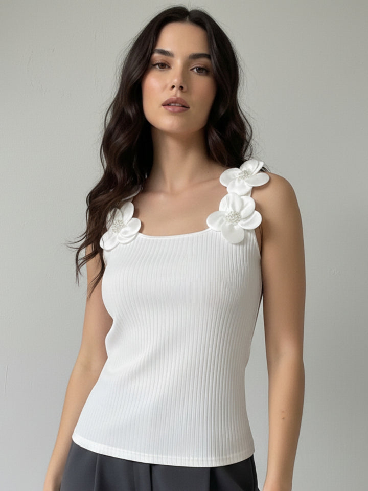 White Floral Embellished Sleeve Fitted Top