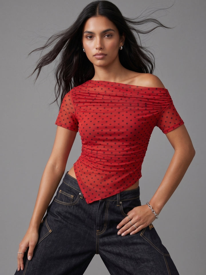 Red Asymmetrical Polka Dot Top