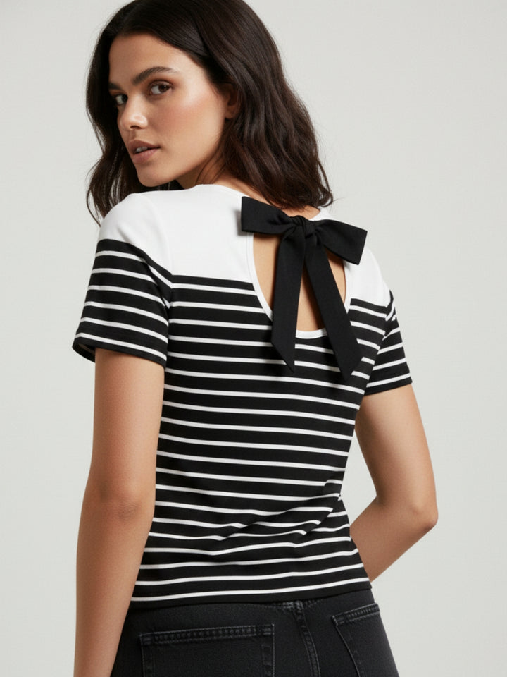 White Short Sleeve Striped Back Bow Top