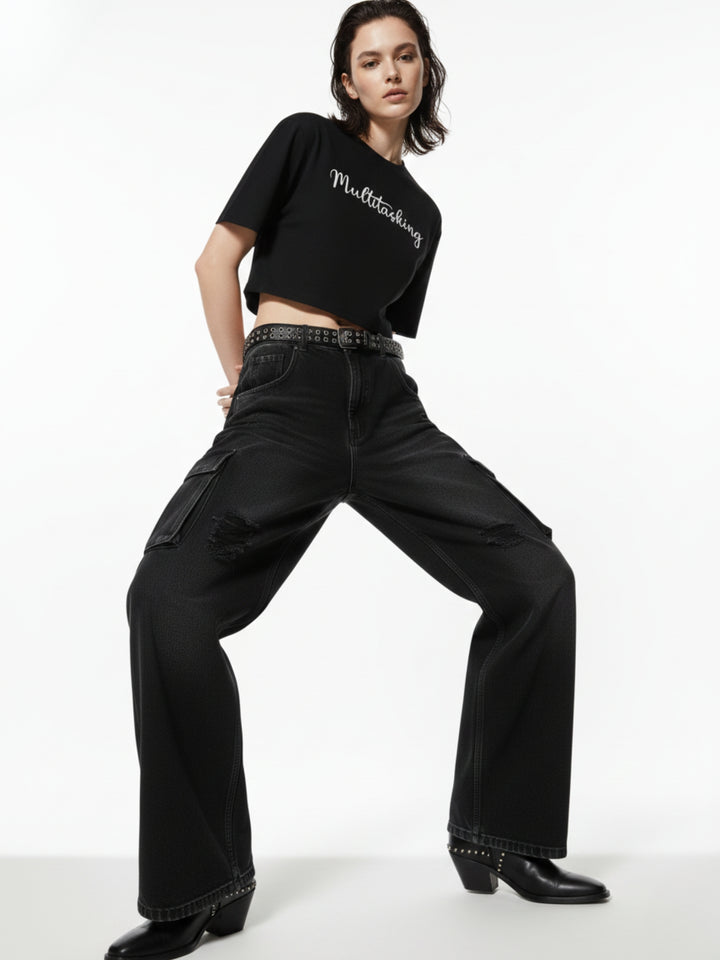 Black Cropped Boxy Foil Printed T-Shirt