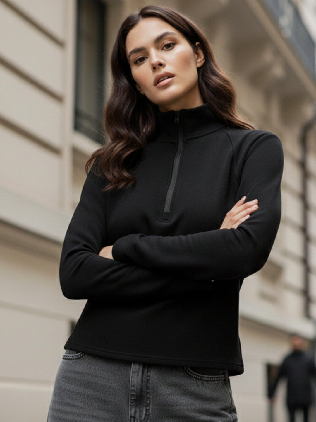 Black Full Sleeves Half Zip Sweatshirt