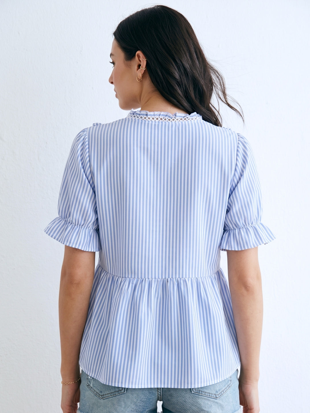 Light Blue Ruffle Sleeve V Neck Top