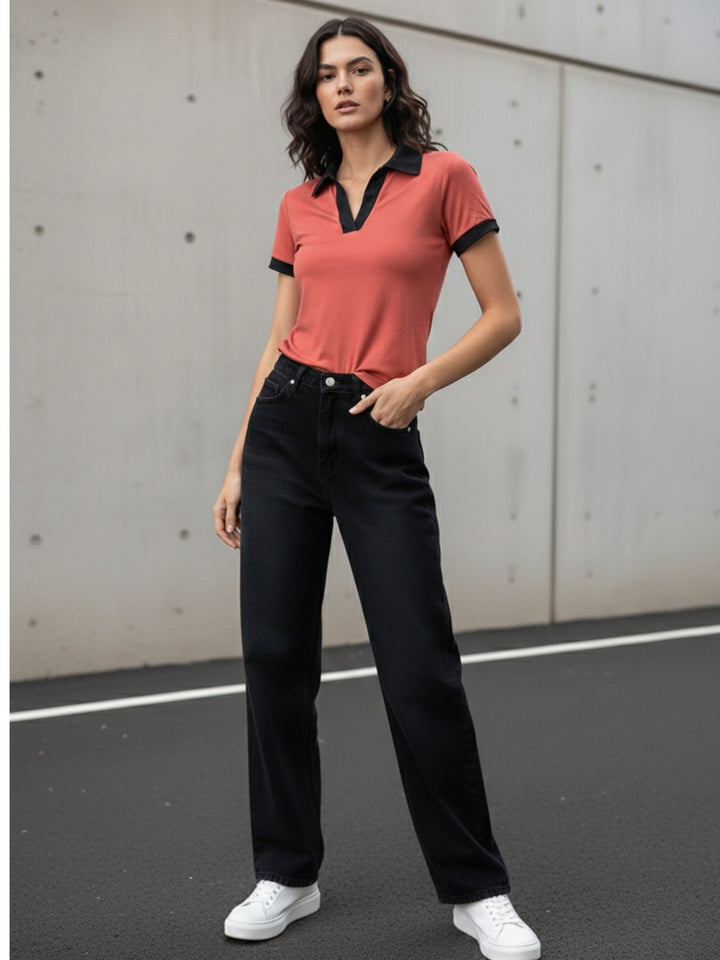 Rust Contrast Binding Knit Top