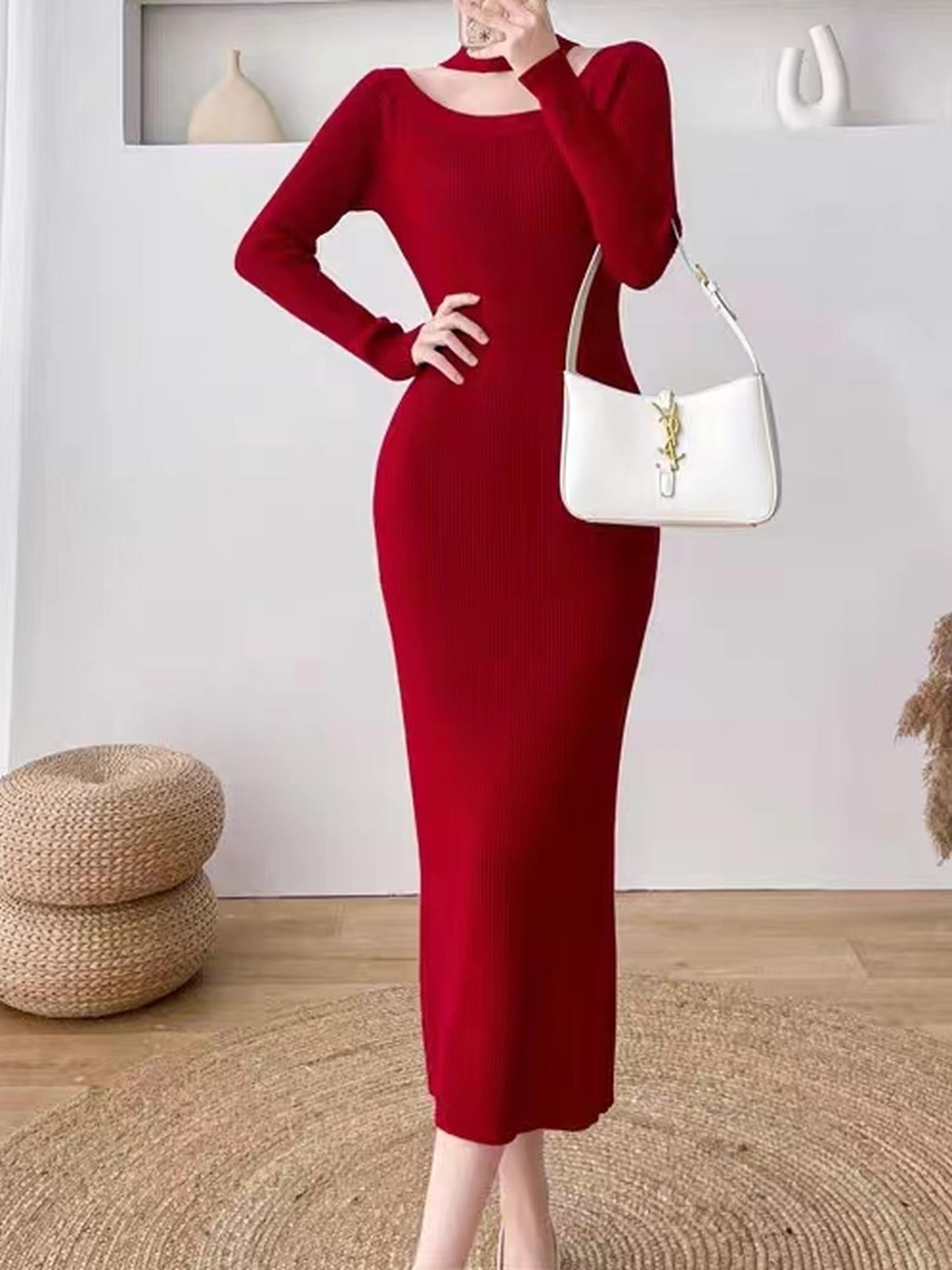 Red Full Sleeve Bodycon Maxi Dress