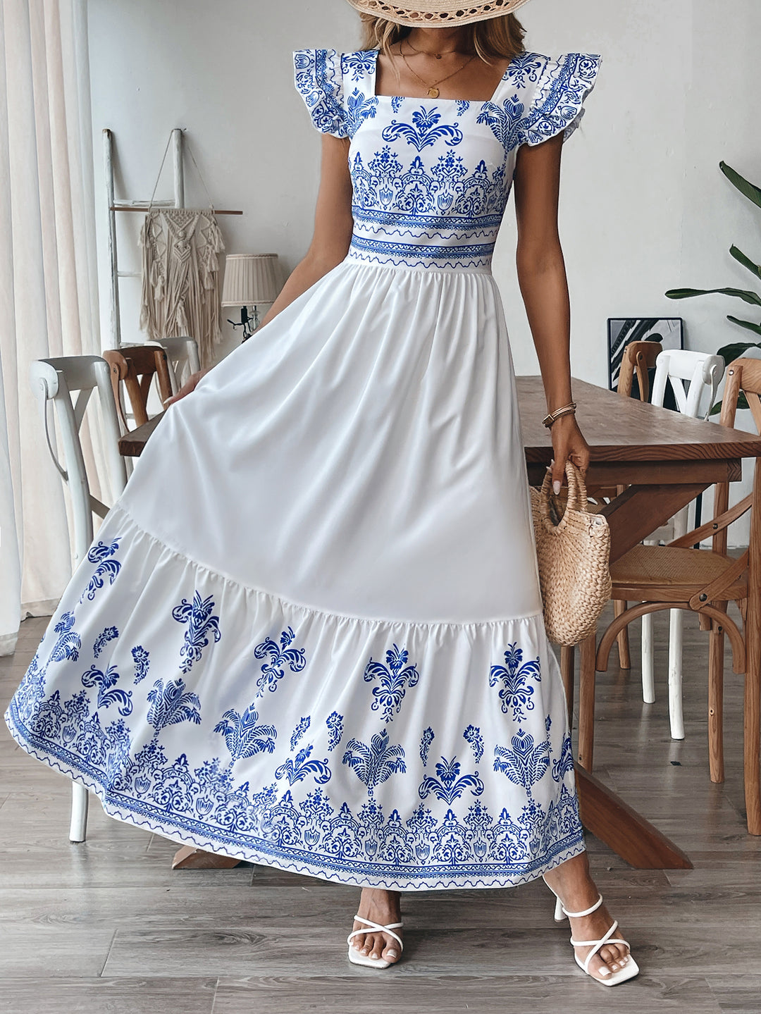White Printed Flutter Sleeves Tiered Dress