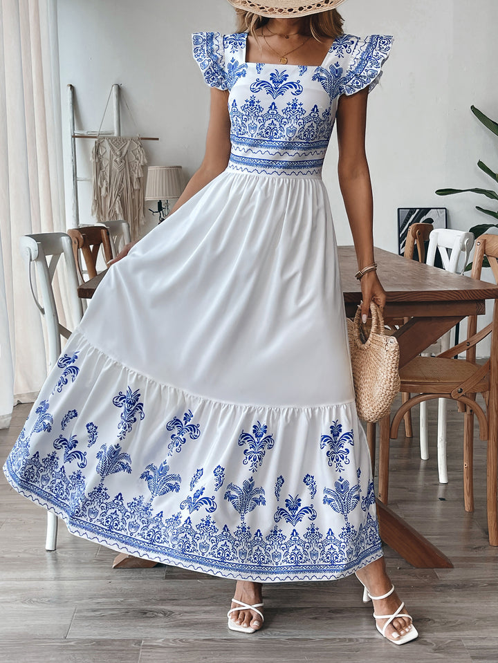White Printed Flutter Sleeves Tiered Dress