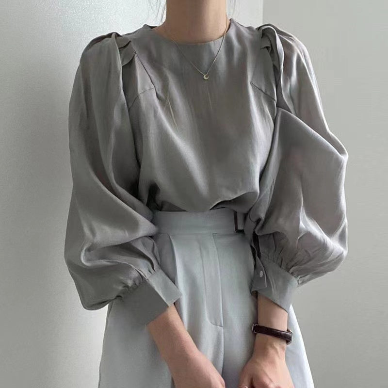 Grey Puff Sleeves Side Pleated Detail Top