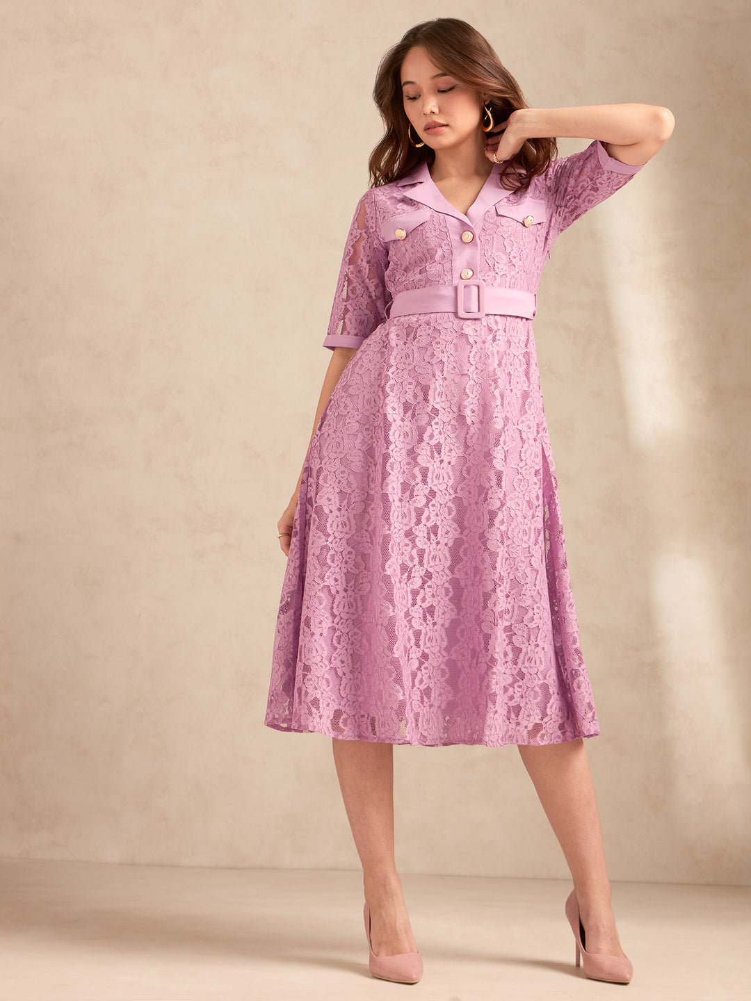 Lilac Lace Shirt Dress With Belt Detail