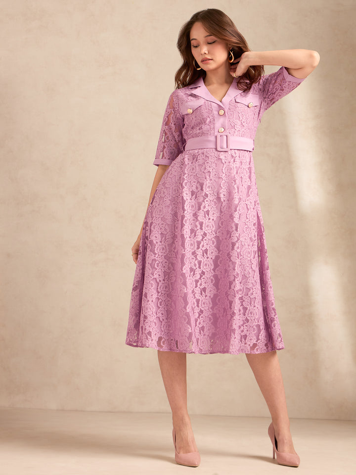 Lilac Lace Shirt Dress With Belt Detail