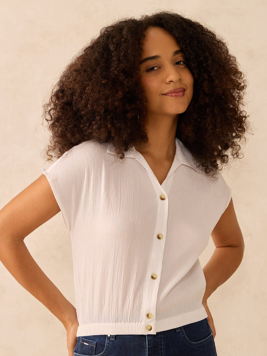 White Cropped Boxy Shirt With Waist Elastic