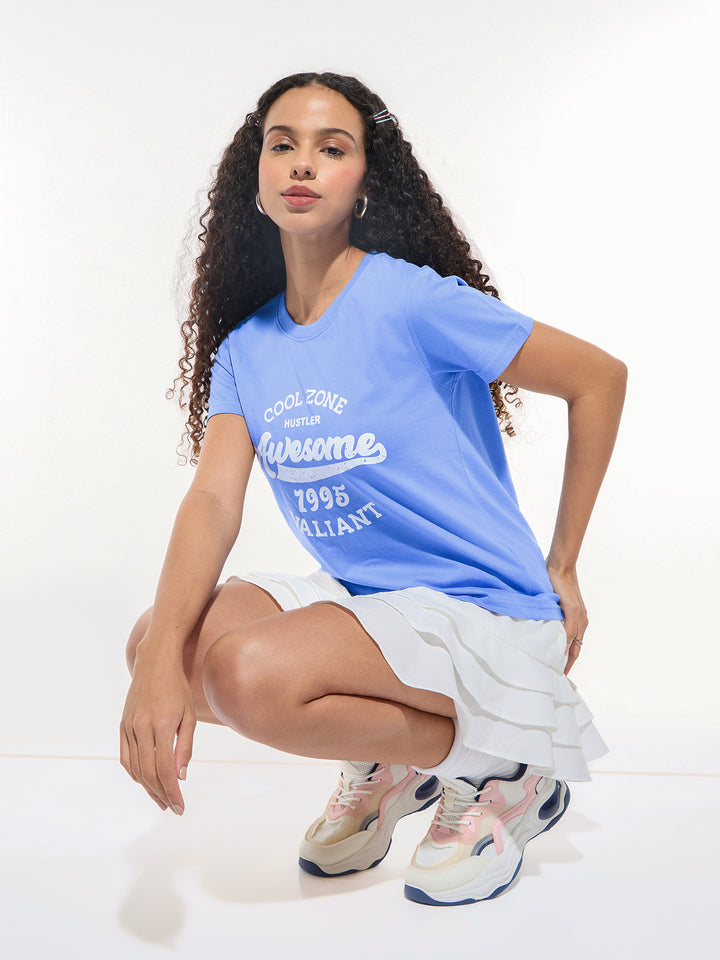 Blue Crew Neck Graphic Tshirt