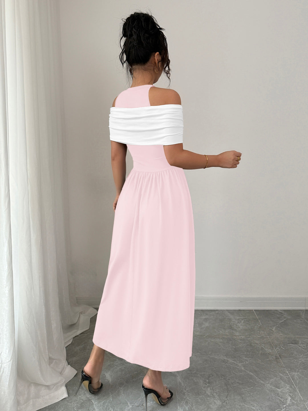 Pink Twisted Contrast Off Shoulder Dress