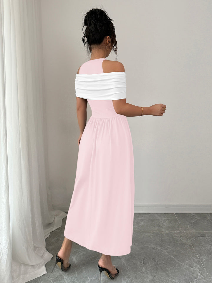 Pink Twisted Contrast Off Shoulder Dress