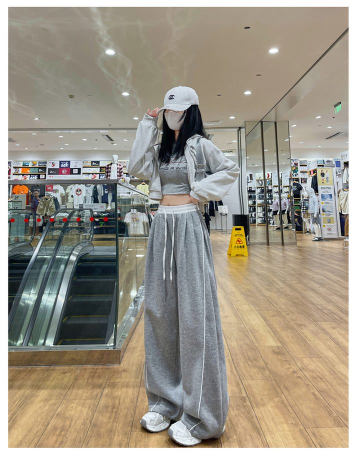 Grey High Waist Contrast Band Baggy Pant