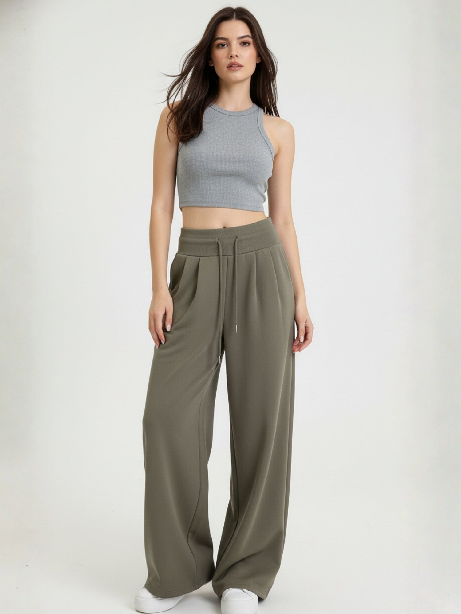 Khaki High Waist Barrel Style Double Pleated Sweatpant