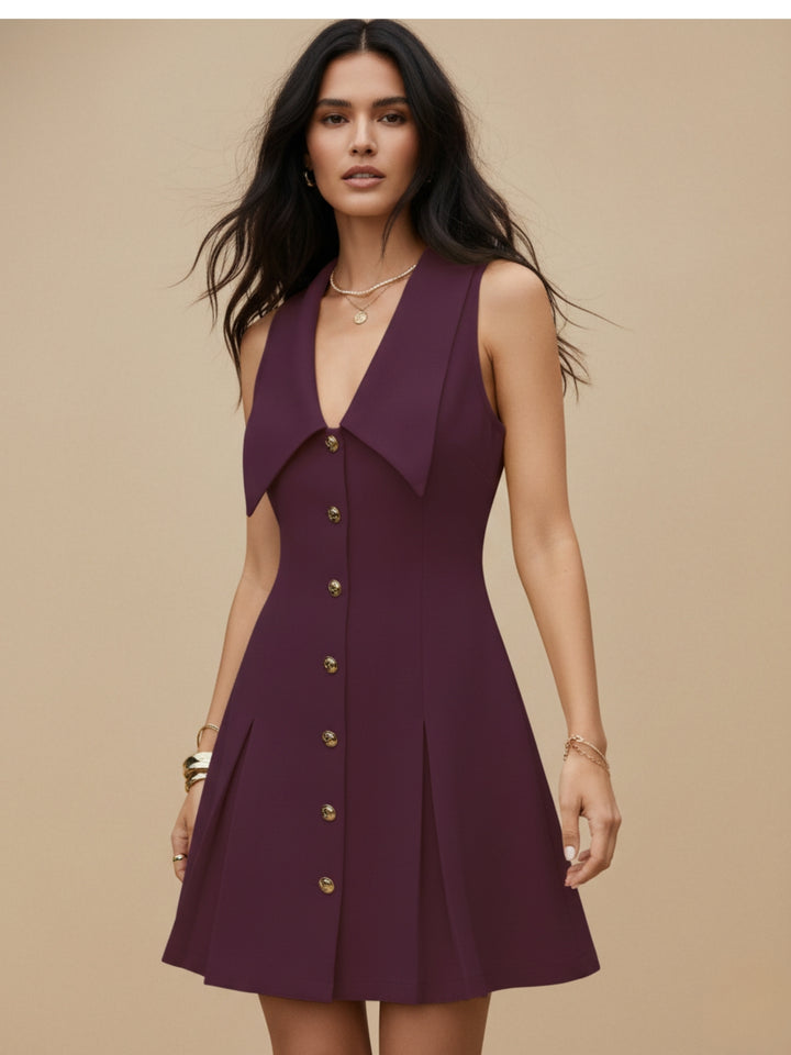 Wine Plunge Neck Exaggerated Collared Dress