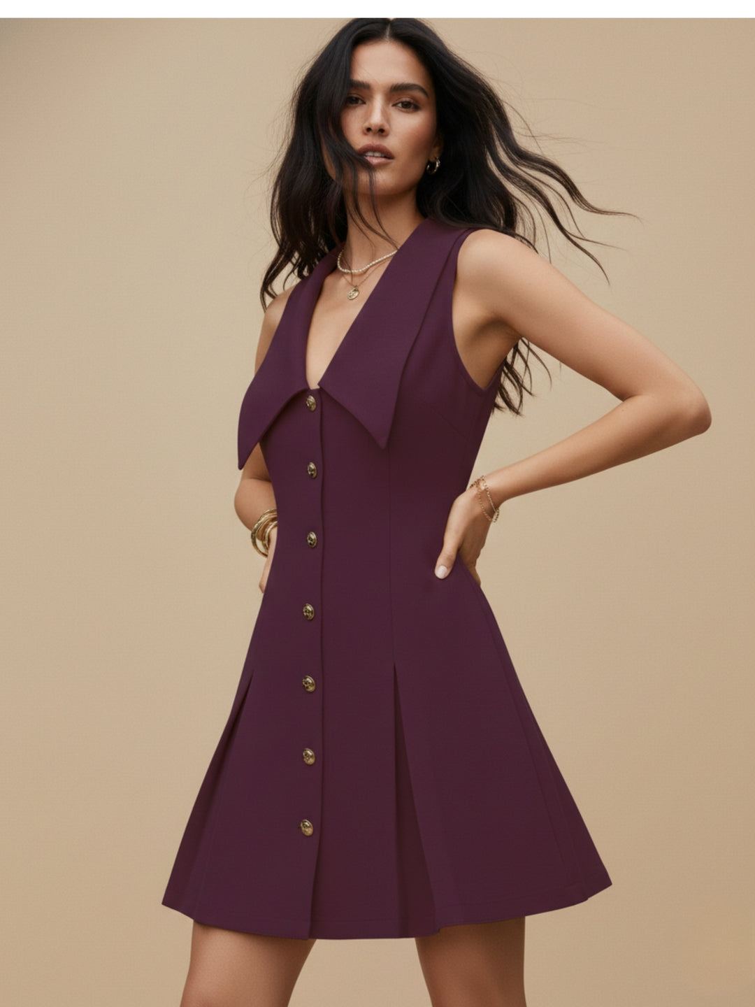 Wine Plunge Neck Exaggerated Collared Dress