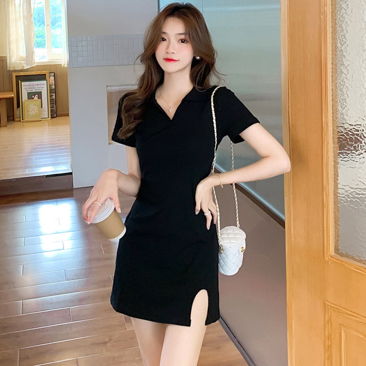 Black V Neck Side Slit Straight Mini Dress
