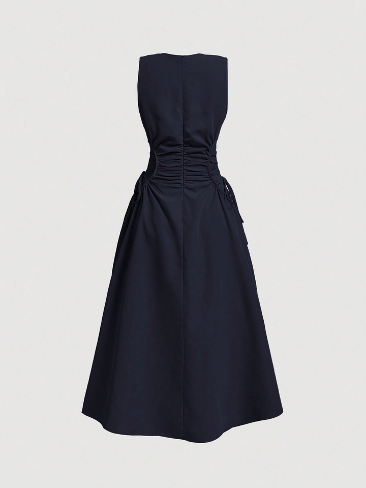 Navy Blue Midi Dress With Exaggerated Waist Detail