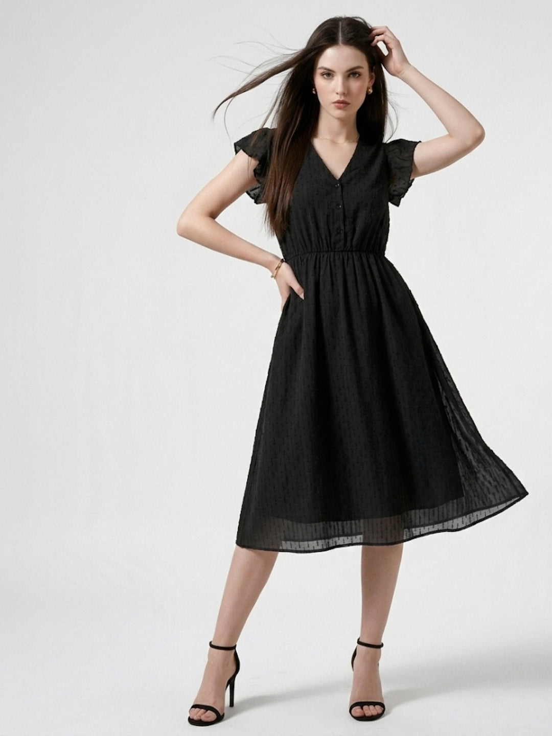 Black Textured Flutter Sleeved Dress