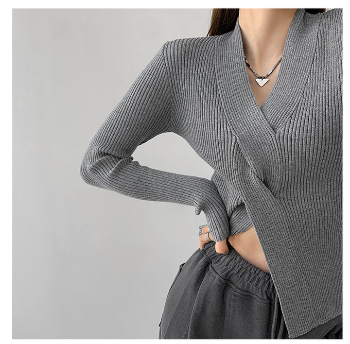 Grey Full Sleeve V Neck Wrap Pullover Top