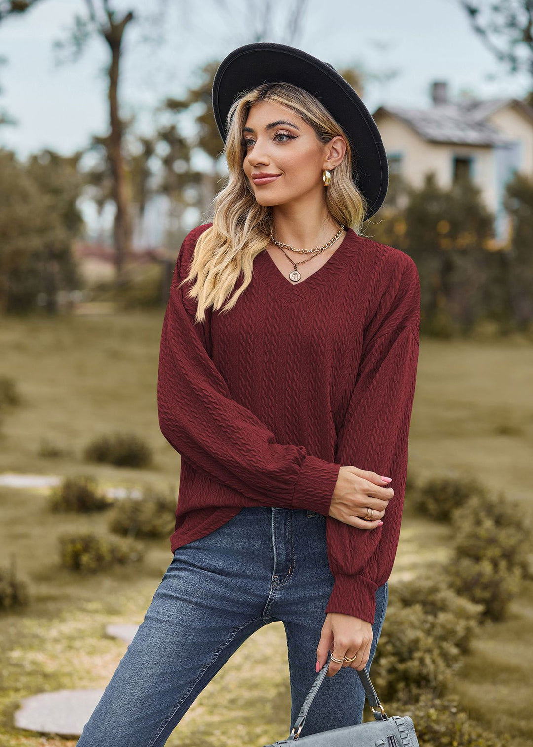 Maroon Bishop Sleeve V Neck Sweatshirt