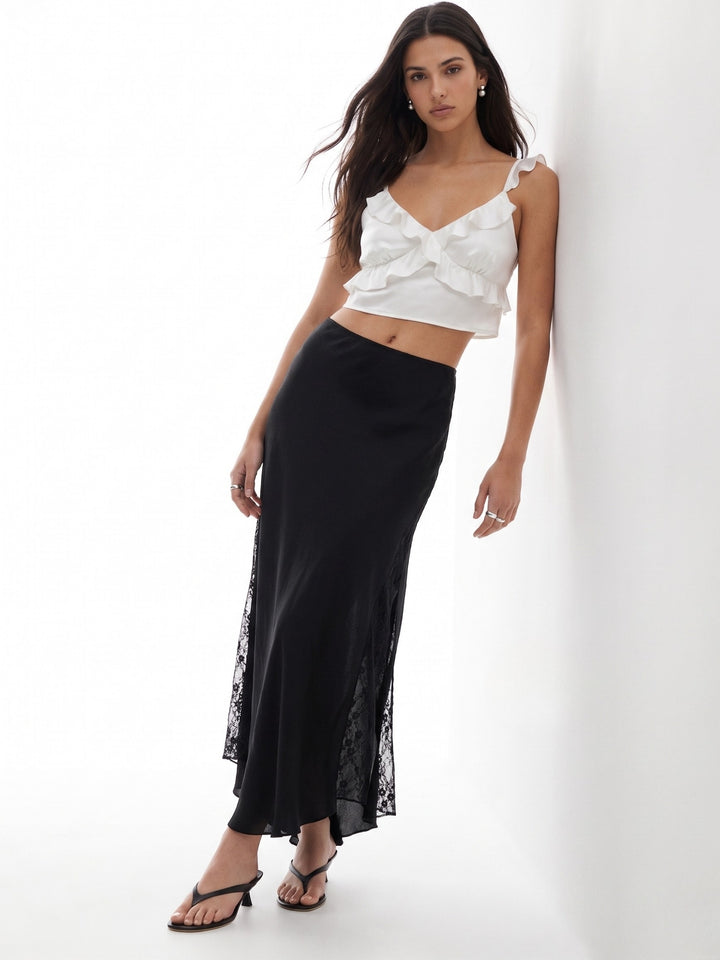 Black High Waist Lace Detail Skirt