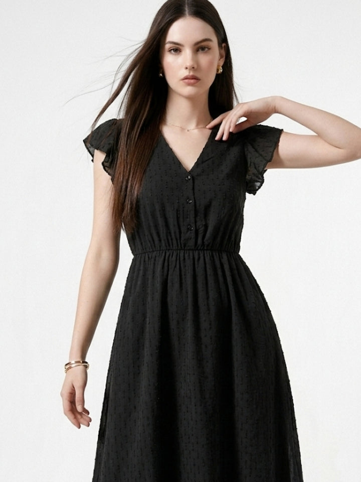Black Textured Flutter Sleeved Dress