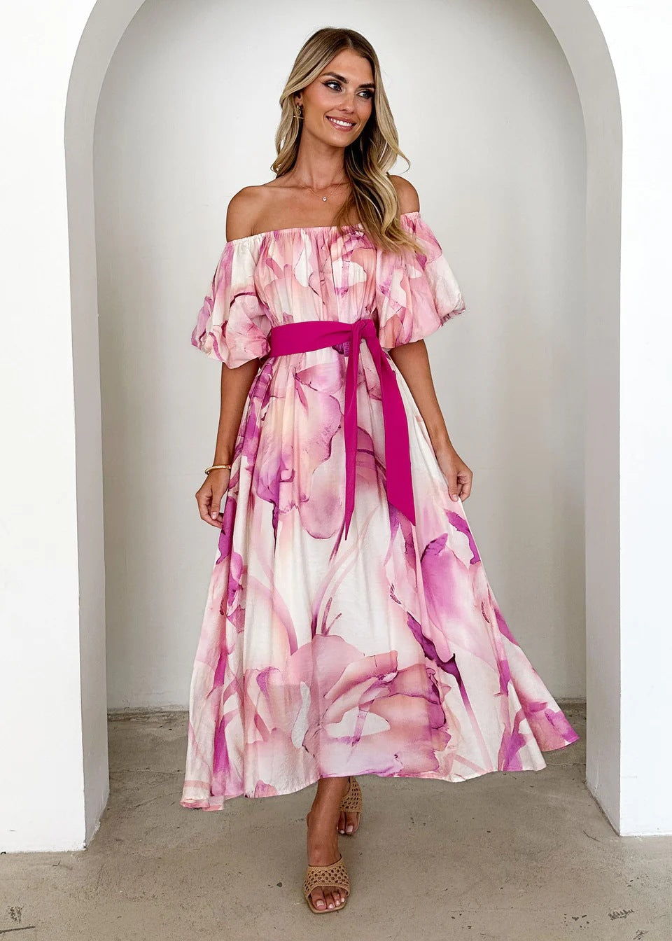 Pink Off Shoulder Waist Tie-Up Dress