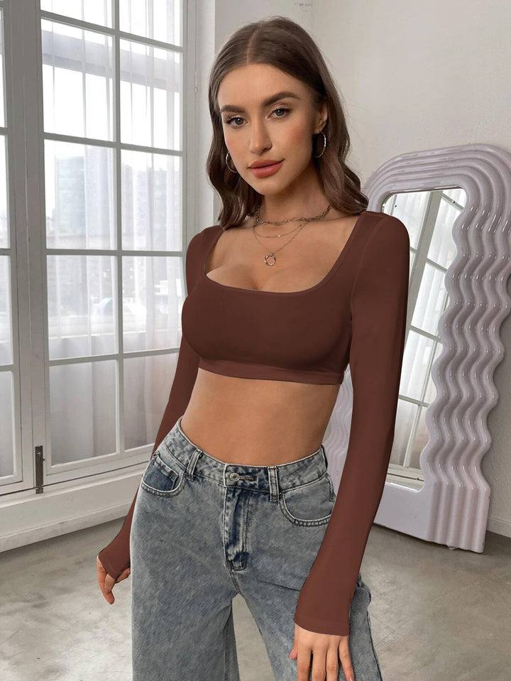Brown Full Sleeve Round Scoop Neck Crop Top