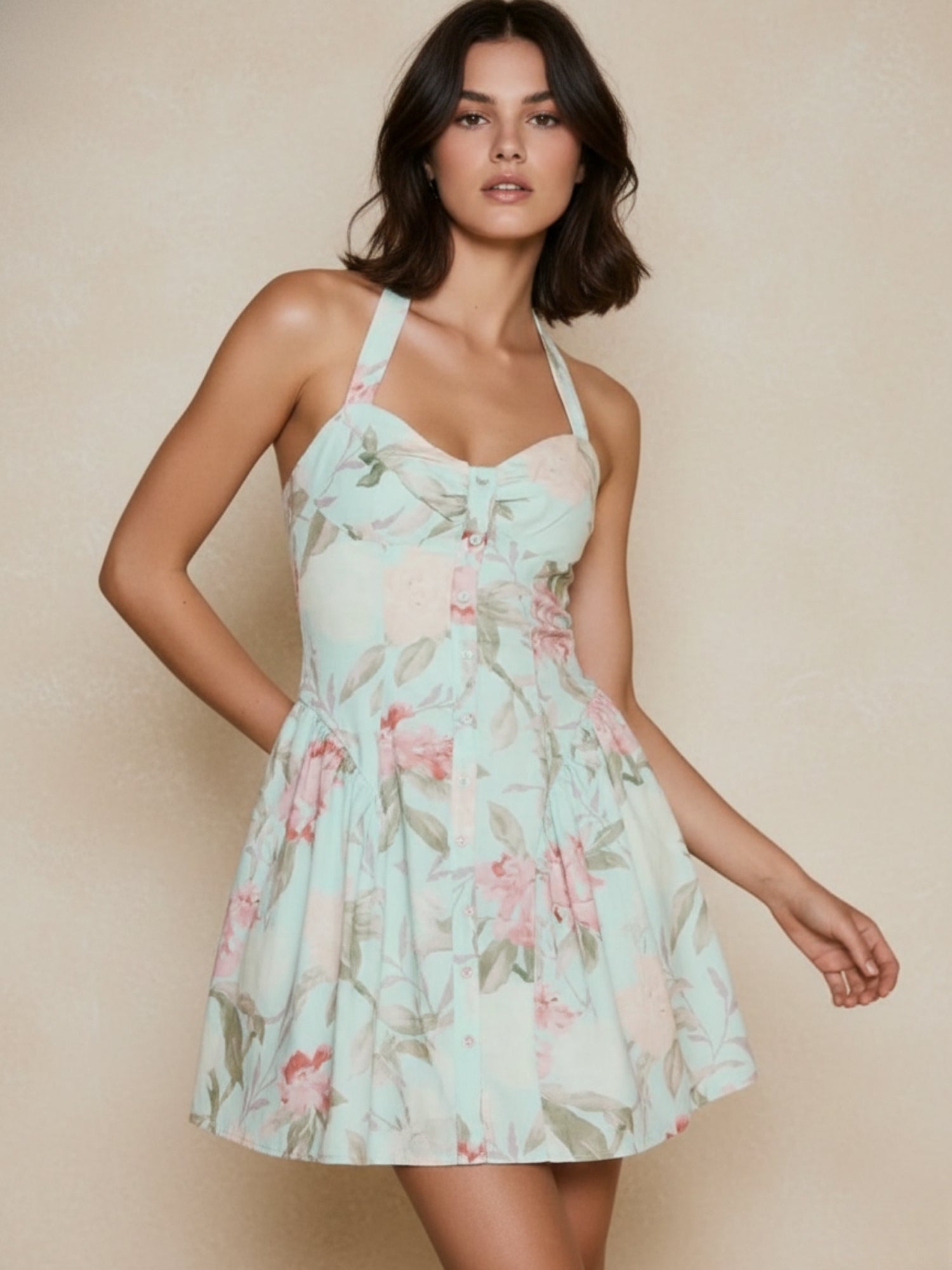 Mint Floral Printed Halter Neck Dress