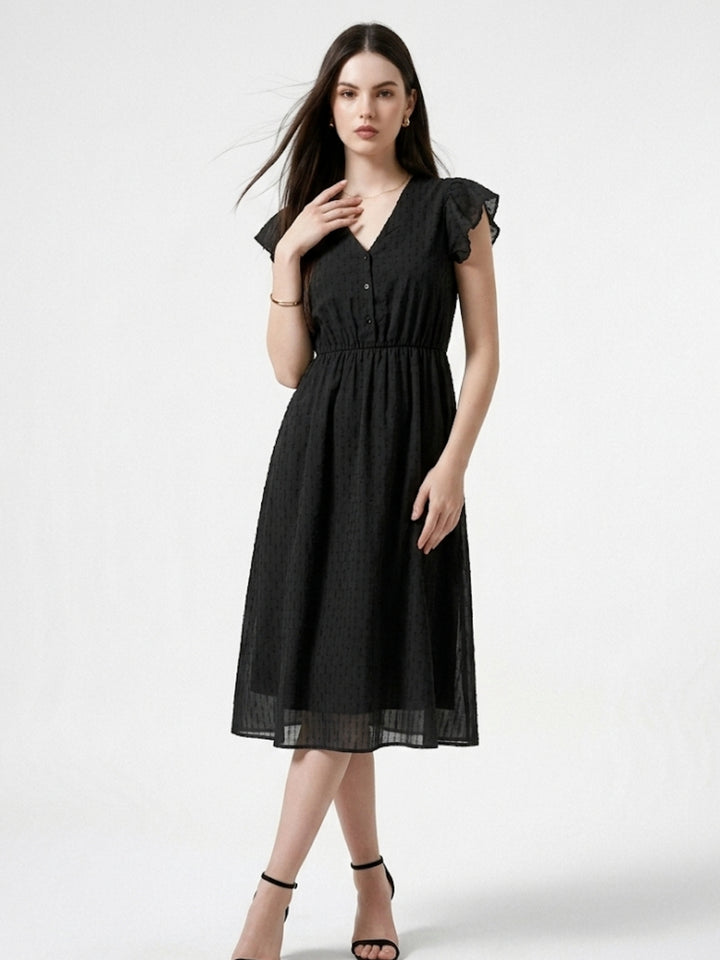 Black Textured Flutter Sleeved Dress
